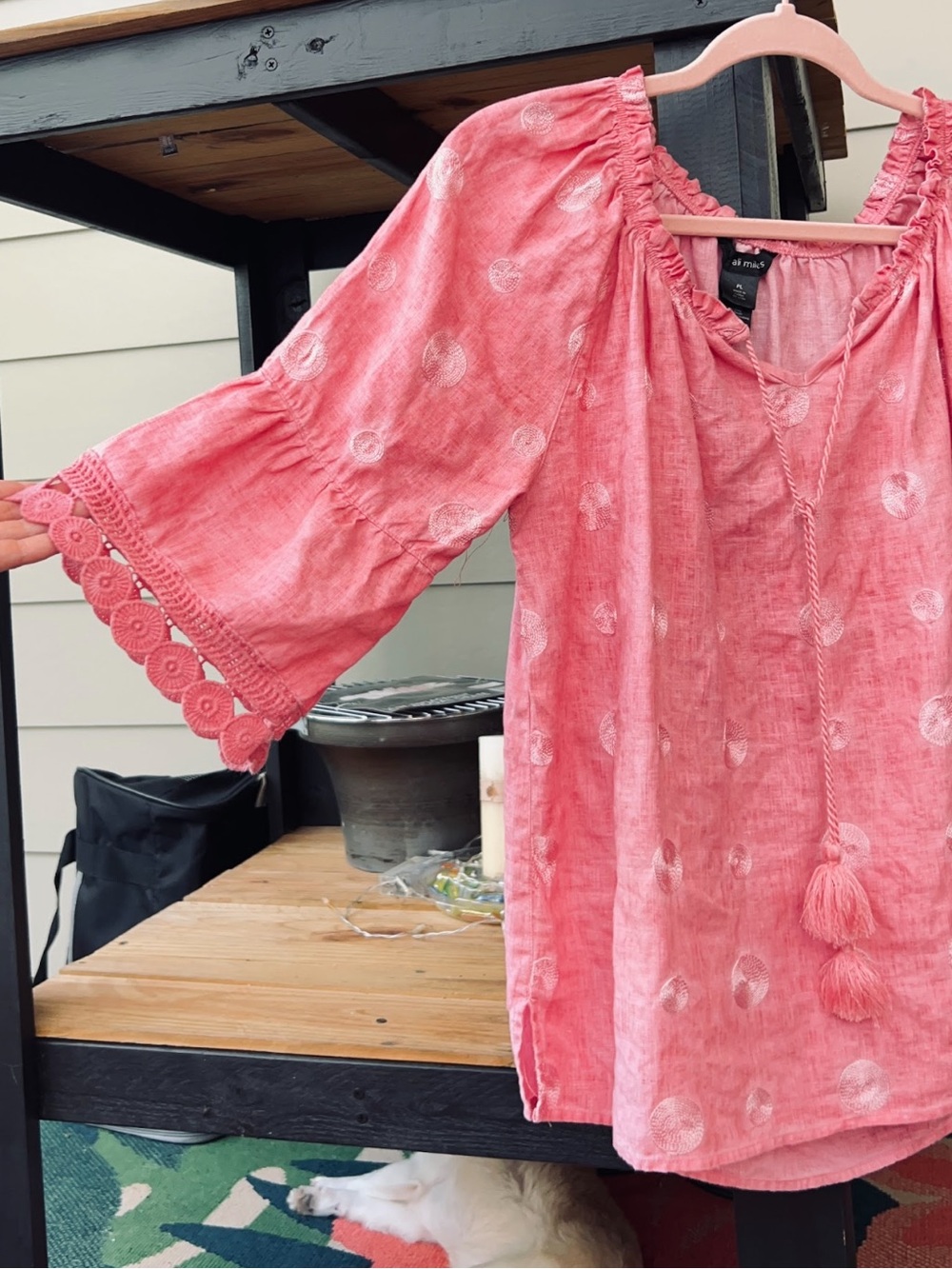 Ali Miles Petite Large Coral Boho Peasant Blouse Bell Sleeve Tassel Top